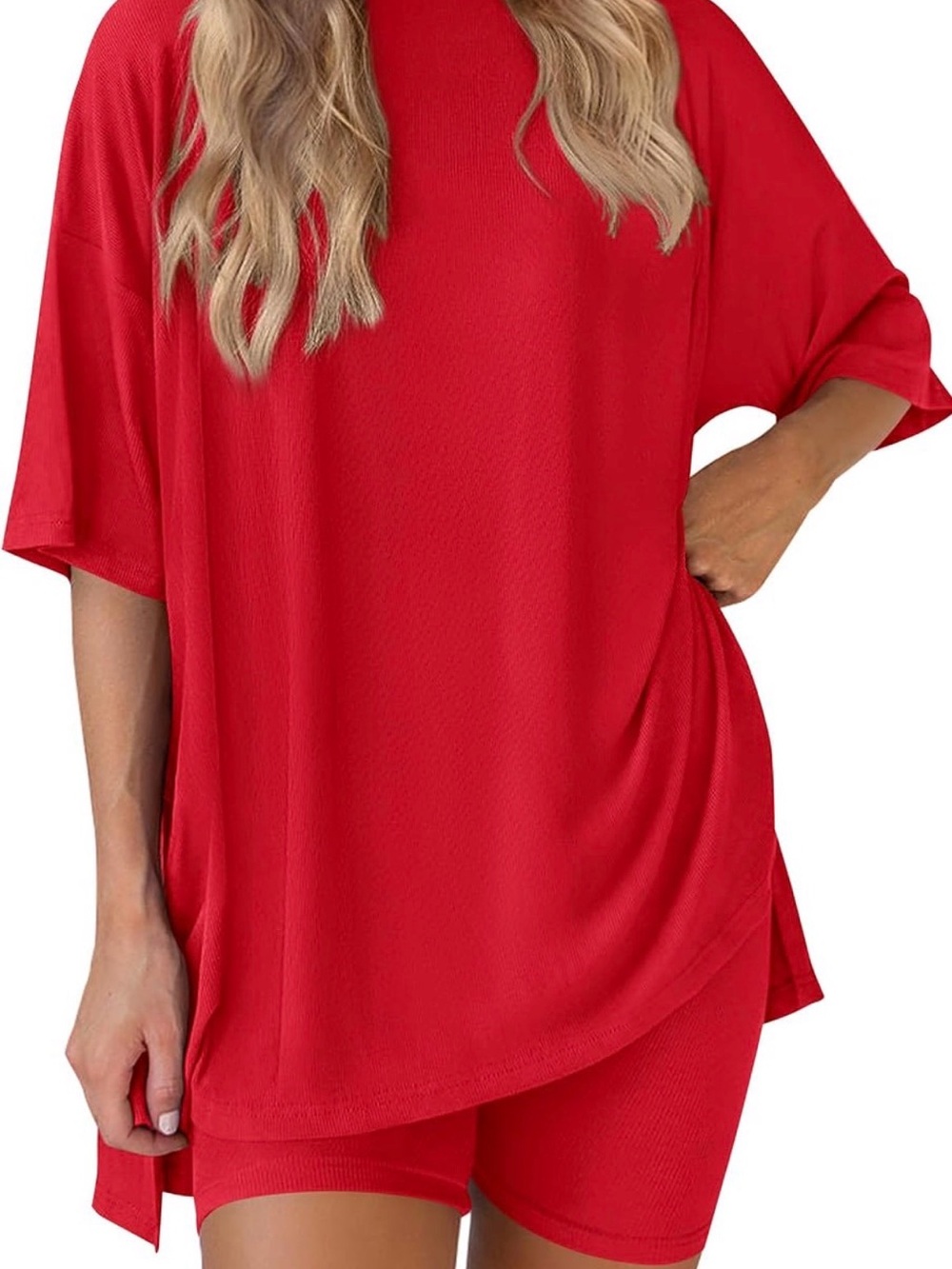 PRETTYGARDEN Red Women's Lounge Set - Relaxed Short Sleeve Top & Biker Shorts